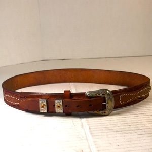 Vintage Rose Carved Brown Leather Silver & Gold Tones and Rubies Western Belt